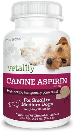 Vetality 75-Count Canine Aspirin for Small-Med Dogs 10-50 Lbs