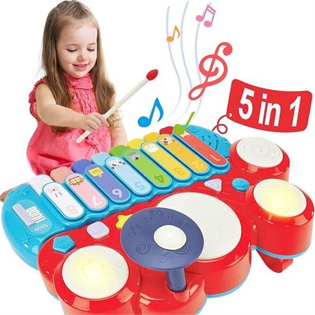 hahaland 5 in 1 Kids Piano Drum Set, Musical Toddler Toys for 1 2 3 Year Old Boy