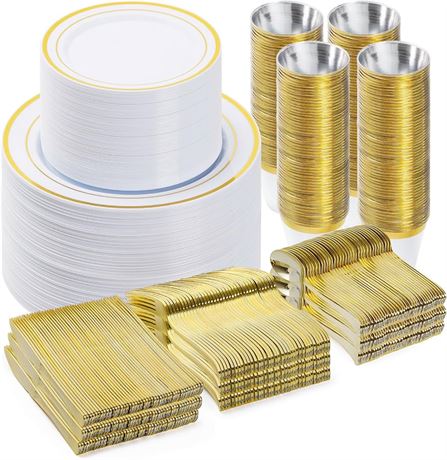 600 PCS Plastic Dinnerware Set, Gold Disposable Plates for Party (100 Guests), Includes: Dinner Plate 10'', Dessert Plate 7'', 9 OZ Cup, Spoons Forks & Knives-Perfect for Party, Wedding, Birthday