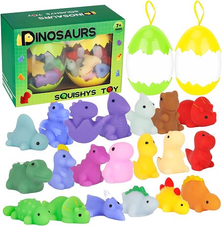 SEKEAHU Mochi Squishy Dinosaur Toys, 20pcs Squishy Toys with 2 Dinosaur Eggs, Un