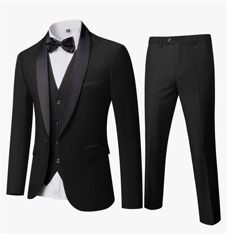YND Men's 3 Piece Slim Fit Tuxedo Set, One Button Shawl Collar Solid Jacket Vest
