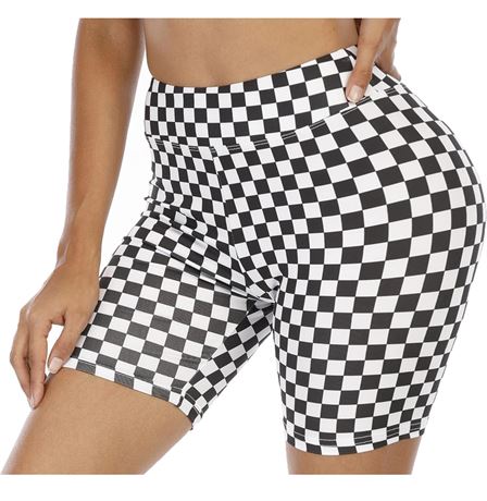 SIZE:S, High Waist Biker Yoga Shorts for Women's Black and White Checkered Short