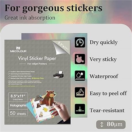 MECOLOUR Holographic Sticker Paper Printable 8.5'' 11'' 20 Sheets Premium Rainbo