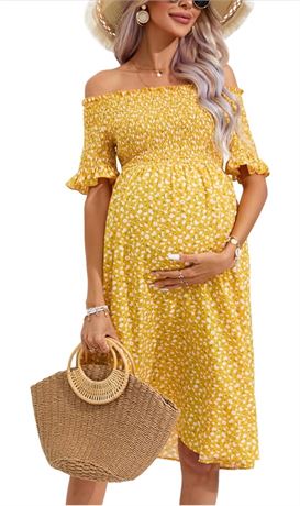 KOJOOIN Women's Maternity Short Sleeve Summer Midi Dress Off Shoulder