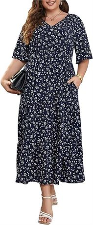 Plus Size Summer Boho Floral Print Casual Midi Dress with Pockets