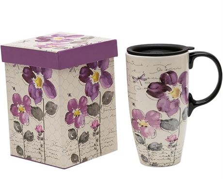 A Ting Tall Ceramic Travel Mug 17 oz. Sealed Lid With Gift Box (Purple Flower) (