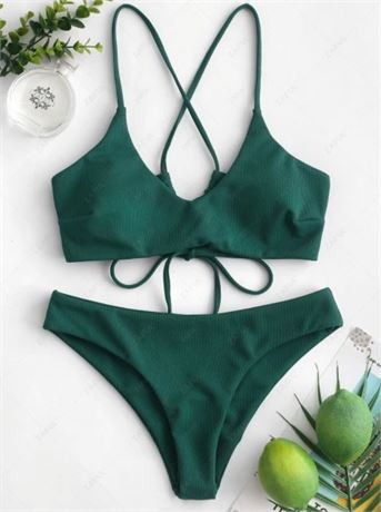 ZAFUL Criss Cross Textured Padded Bikini Swimsuit - Deep Green