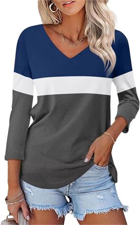 Women's V Neck 3/4 Sleeve Tops Color Block/Solid Shirts Basic Summer Tees