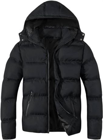 Mens Puffer Jacket Hooded Thick Winter Jacket for Men Water-Resistant Black XXL
