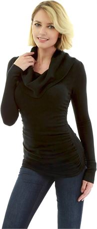 SMALL - AmélieBoutik Women Cowl Neck Ruched Sides Sweater, Black