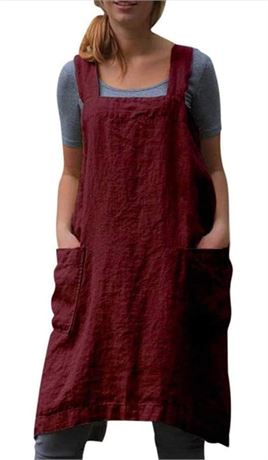 SIZE:L, Cotton Linen Apron for women Cross Back Apron Pinafore Dress for Baking