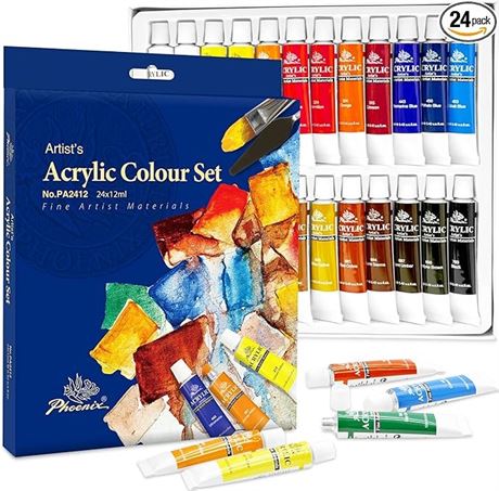 PHOENIX Acrylic Paint Set, 24x12ml Tubes, Non-toxic Craft Paints for Canvas,