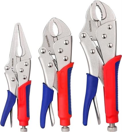 WORKPRO 3-piece Locking Pliers Set, 10-inch Curved Jaw, 7-inch Curved Jaw and 6-