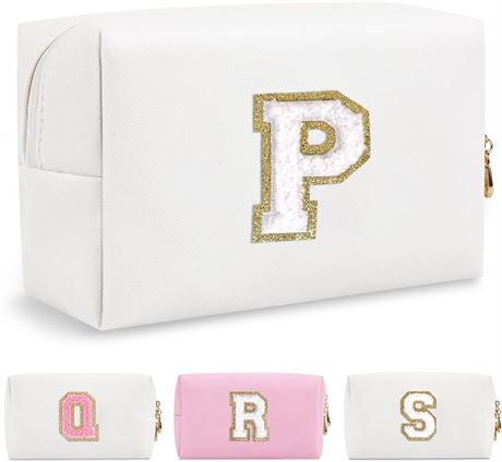 Small Personalized Initial A-Z Preppy Patch Makeup Bag,White PU Chenille Letter