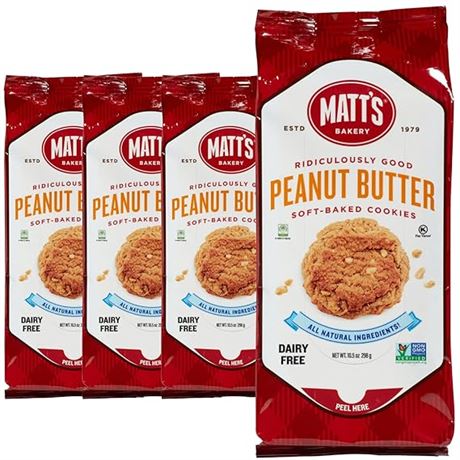 4 Bags (10.5oz Each), Matt's Bakery | Peanut Butter Cookies | Soft-Baked, Non-GM