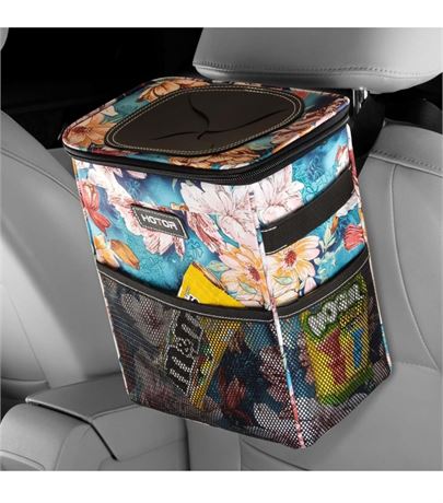 HOTOR Car Trash Can with Lid and Storage Pockets - 100% Leak-Proof Organizer