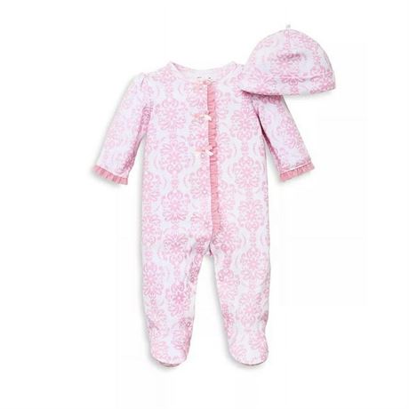 3MONTHS, Little Me PINK MULTI Baby Girls Damask Scroll Hat & Coverall Set 3Mos