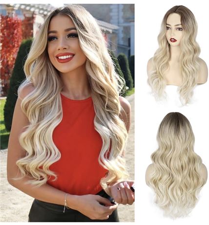 AISI BEAUTY Ombre Blonde Wig for Women Long Wavy Ombre Blonde Wig 24 inch Middle