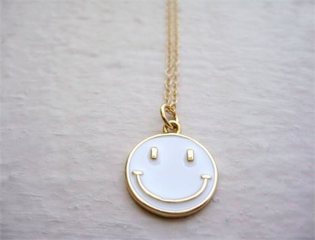 Smiley Face Charm Necklace-Happy Face Necklace, White Enamel Happy Face Necklace