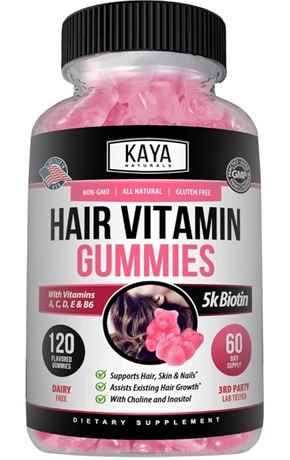 Kaya Naturals Hair Growth Vegetarian Vitamin Gummy Bears, 120 Count, Biotin