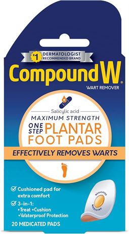 Compound W Wart Remover, Maximum Strength, One Step Pads for Feet, 20 Count