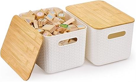 Plastic Storage Baskets With Bamboo Lid - Plast...