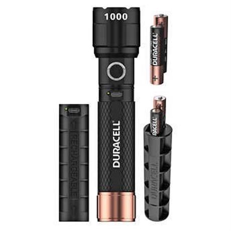 Duracell 1000 Lumen Hybrid Flashlight, Recharchable and 4 AAA batteries included