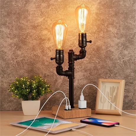 NANANARDOSO Retro Table Lamp - Industrial Steam Punk Lamp with USB Charge Ports