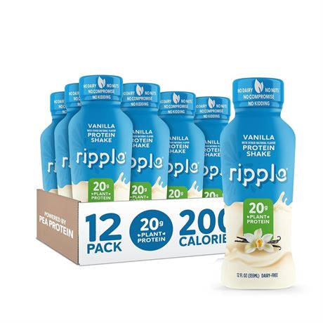 Ripple Vegan Protein Shake | Vanilla | Plant Based 12 Oz, 12 Pack BB 03/07/2025