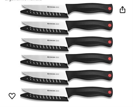 Astercook Steak Knives Set of 6, Stainless Steel Serrated Steak Knife Set, Ultra