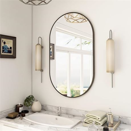 BEAUTYPEAK Wall Mounted Mirror, 17"x30" Oval Bathroom Mirror, Black Vanity Wall