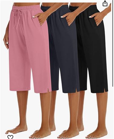 3 Pack Women's Capris Wide Leg Capri Pants Womens Drawstring Pajama Sweatpants W