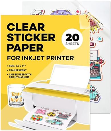 90% Clear Sticker Paper for Inkjet Printer (20 Sheets) - Transparent Glossy 8.5