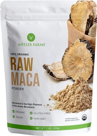 Antler Farms - 100% Pure Organic Raw Maca Powder, 40 Servings, 200g - Vegan,