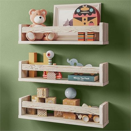 Set of 3 White Nursery Room Shelves - Solid Wood Ideal for Books, Toys and Decor