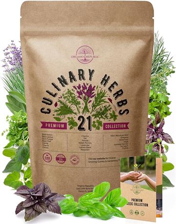 Organo Republic 21 Culinary Herb Seeds Variety Pack - Heirloom, Non-GMO, for Out