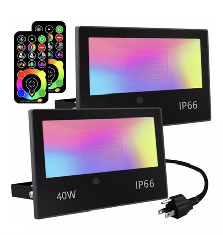 2 Pack MELPO 40W LED Flood Light Outdoor, Colorurful/ Warm White with Remote