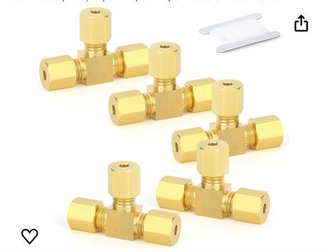 GASHER 5PCS Brass Compression Tube Pipe Fitting Connector, Tee，1/8" x 1/8" x 1/8