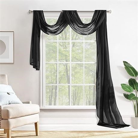 Comfy Deal Beautiful Fully Stitched Window Sheer Voile Scarf Curtain (Black)