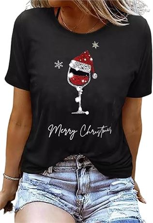 Merry Christmas Wine Glass hat Glitter T-Shirt for Women Funny Xmas Size: M