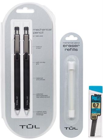 TUL 0.7mm Mechanical Pencils (1 2-pack), Eraser Refills (1 3-pack) & 30 Lead