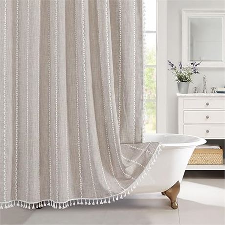MitoVilla Boho Farmhouse Fabric Shower Curtain, Tan Brown Modern Cotton Linen Sh