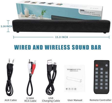 Sound Bar for TV Soundbar with Dual Built-in Subwoofer 15.8 Inch 3D