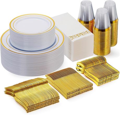 350 Piece Gold Dinnerware Set for 50 Guests, Plastic Plates Disposable for Party
