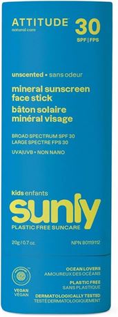ATTITUDE Mineral Face Sunscreen Stick for Kids, SPF 30, EWG Verified, Plastic-Free, Broad Spectrum UVA/UVB Protection with Zinc Oxide, Dermatologically Tested, Vegan, Unscented, 20 grams