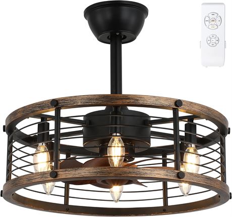Enwinup Caged Ceiling Fan with Lights, 20in Farmhouse Ceiling Fan Light with Rem