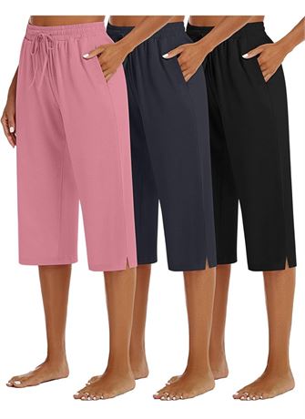 Size L, 3 Pack Women's Capris Wide Leg Capri Pants Womens Drawstring Pajama Swea