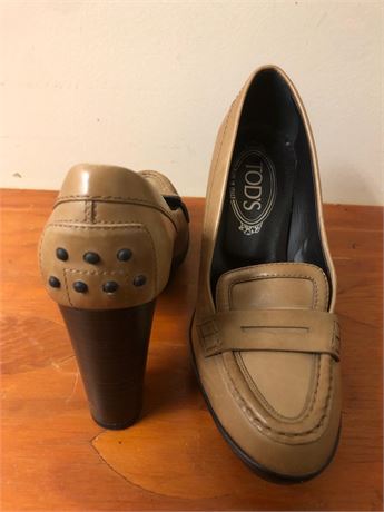 Tods Brown Leather Penny Loafer Pumps Authentic 36.5