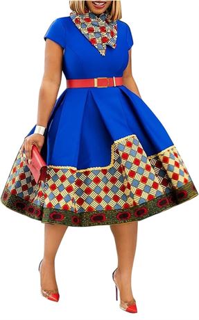 XL, dasmzper Women's Elegant Multicolor Grid Stitching Lapel A-line Dress Short