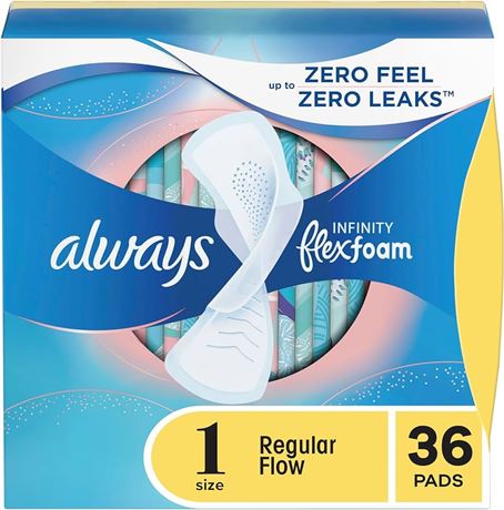 Always, Infinity With FlexFoam Pads For Women, Size 1, Regular Absorbency With Wings, 36 Count
